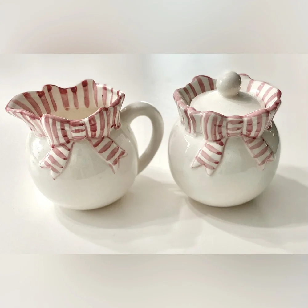 Vintage Ceramic Pink Stripe White Halden Matching Creamer Sugar Tea Party Set - Picture 9 of 9